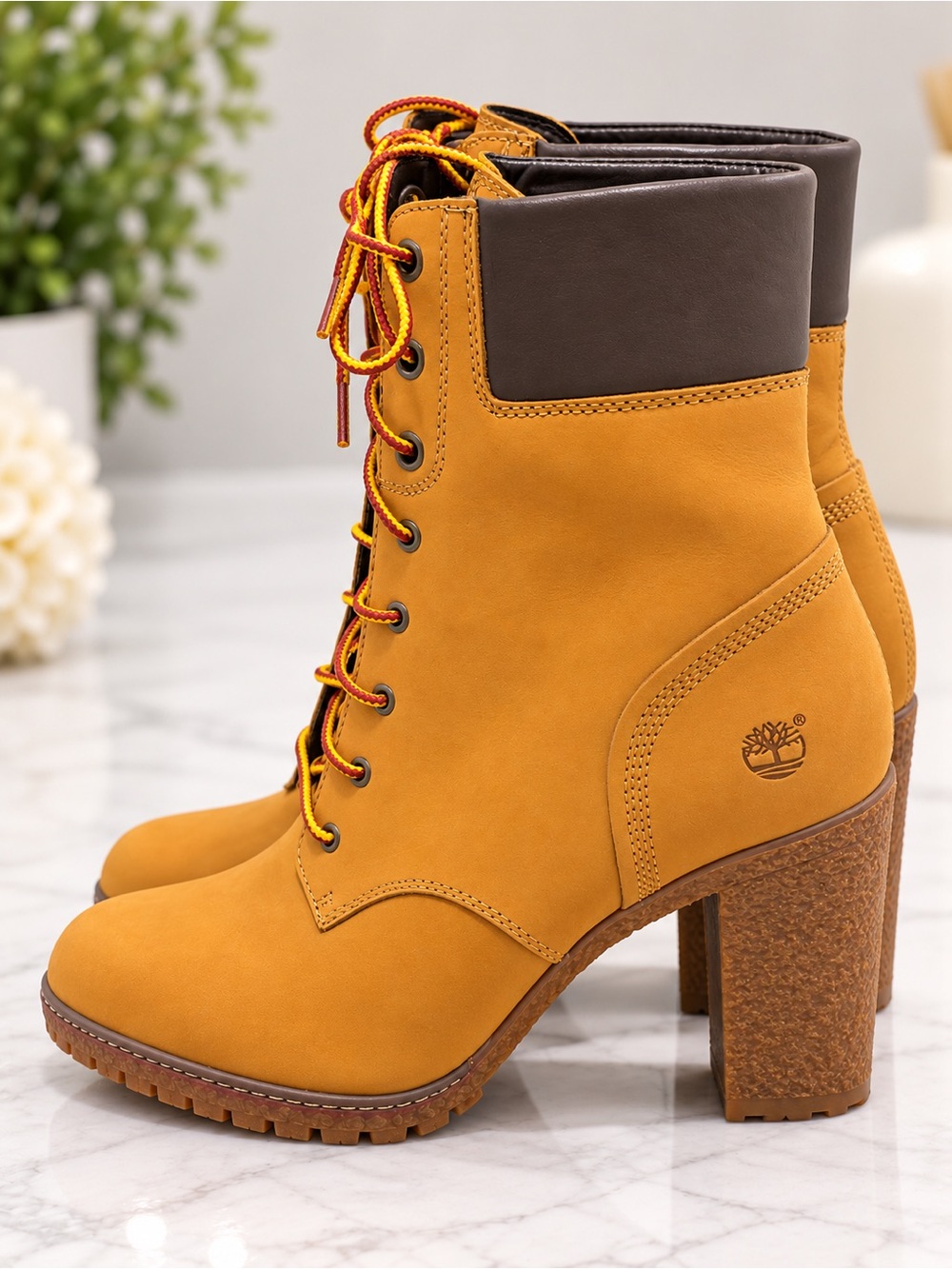 Timberland Women's Mustard Lace-Up Block Heel Boots with Brown Collar